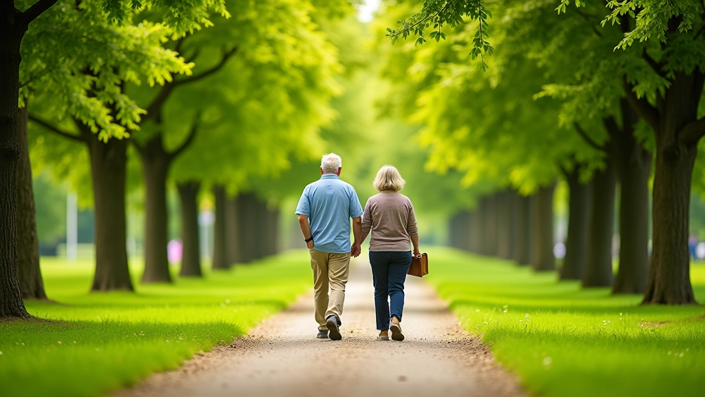 Seniora žmonės vaikšto per žaliąją parko alėją saulės šviesoje