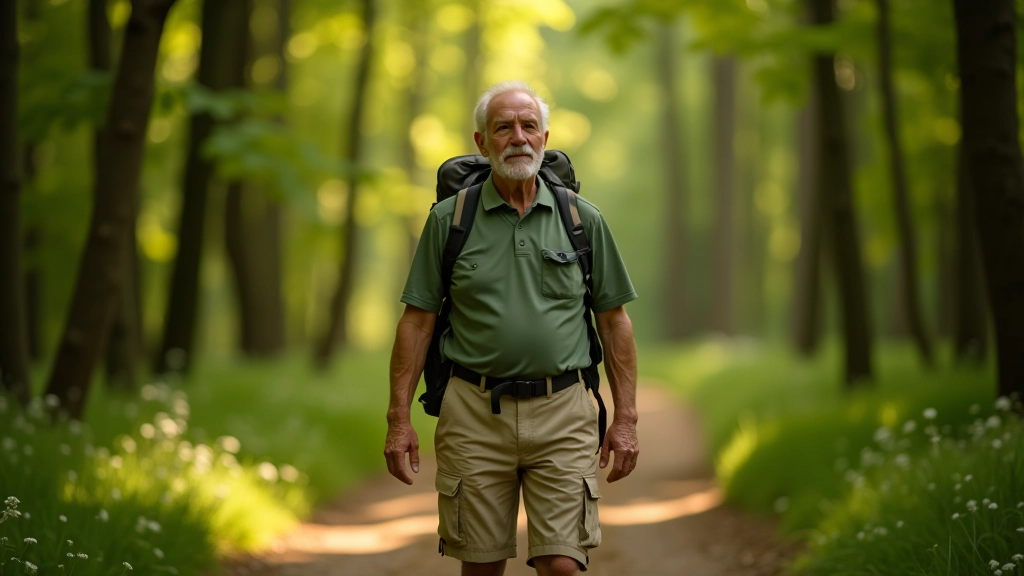 Senioras vaikštantis per tamsią medžių alėją su šešėliais