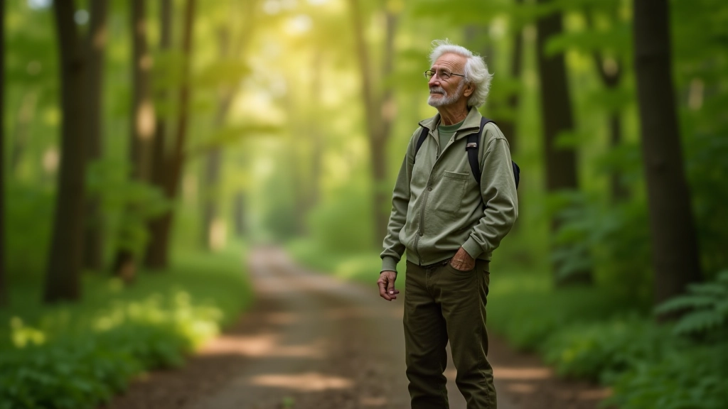 Šešėlistame miške stovintis senesnis žmogus, apžvelgiąs aplinkumą